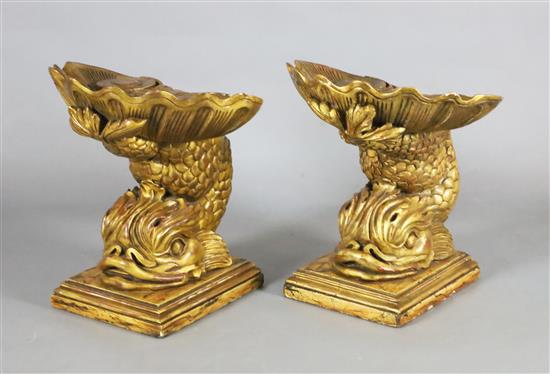 A pair of Venetian and painted giltwood grotto stools, W.1ft 6in. D.1ft 2in. H.1ft 7in.